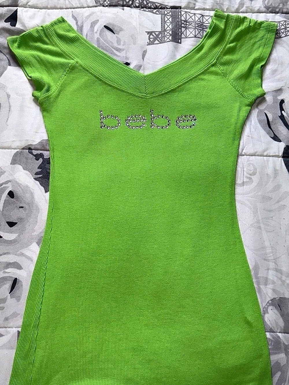 bebe Ribbed Rhinestone Logo V-Neck Top Green